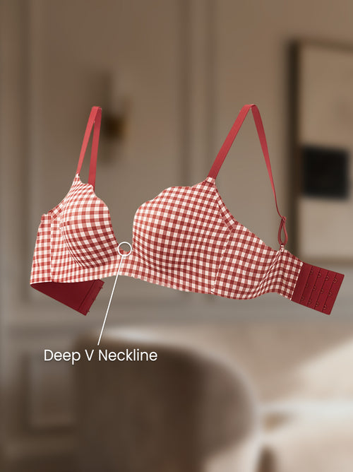 Checkered Pattern Deep V Bra