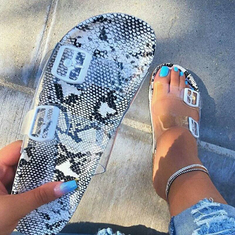 Snake Print Buckle Strap Slide Sandals For Beach