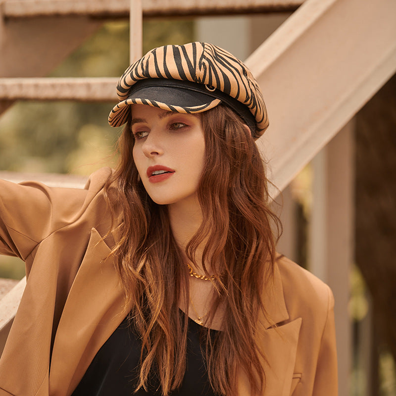 PU Breathable Hat Zebra Print Berets Cap