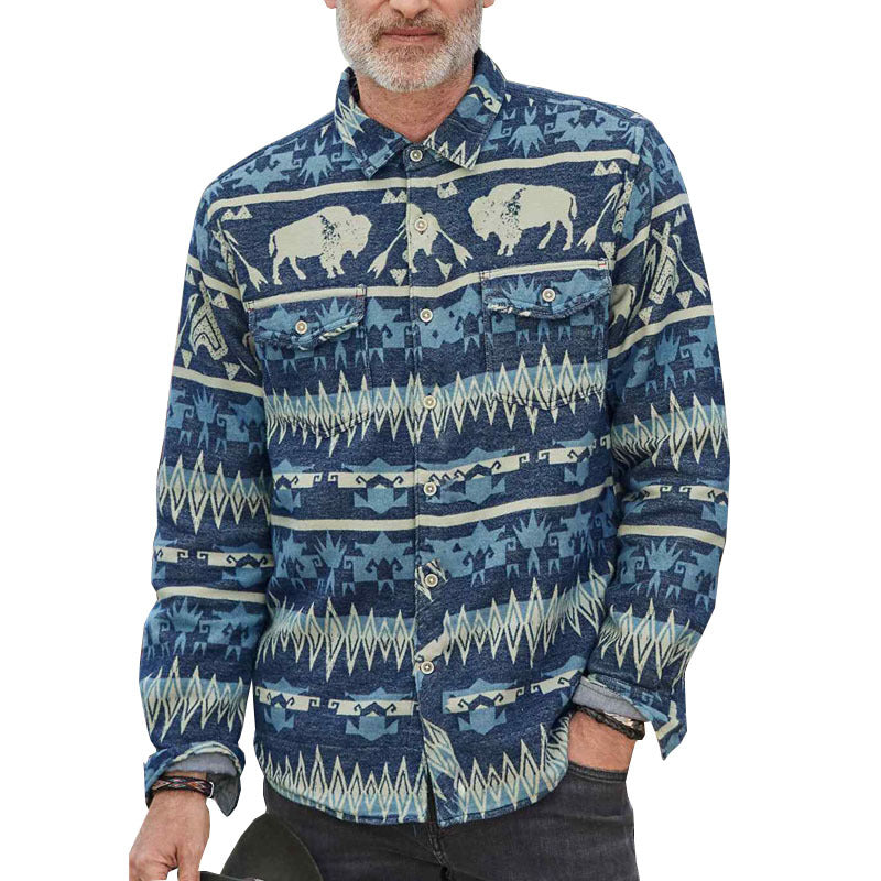 Men Spring Printed Cotton Blend Lapel Collar Shirt