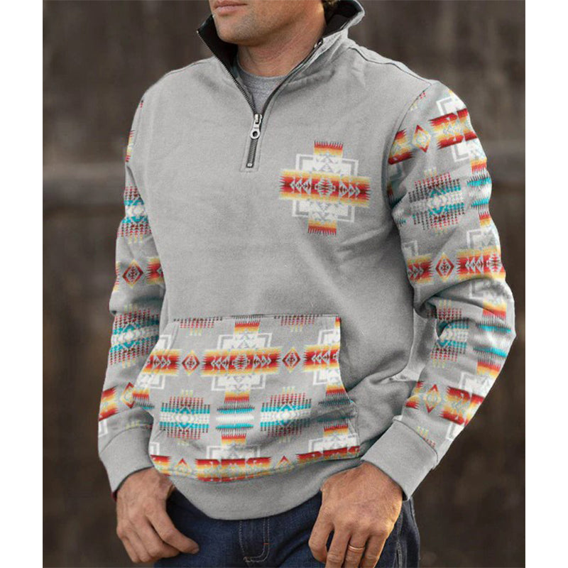 Spring Casual Printed Zipper Stand Collar Sweatshirt