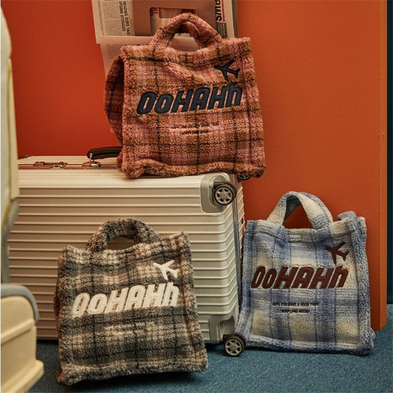 Fashion Trend Check Plush Shoulder Bag Handbag