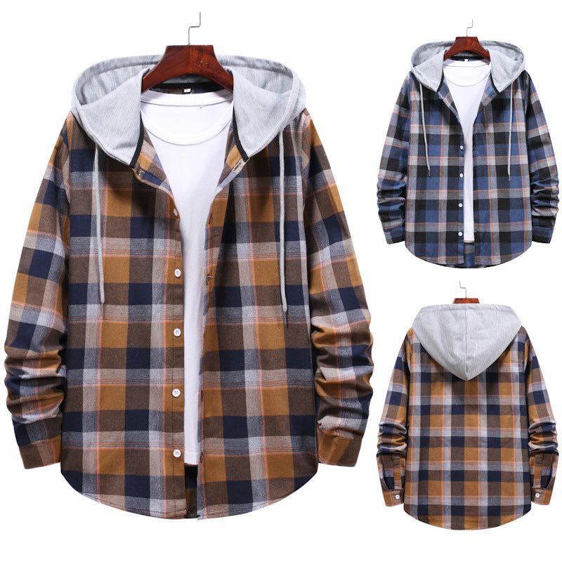 Spring Hooded Plaid Long Sleeve Shirt