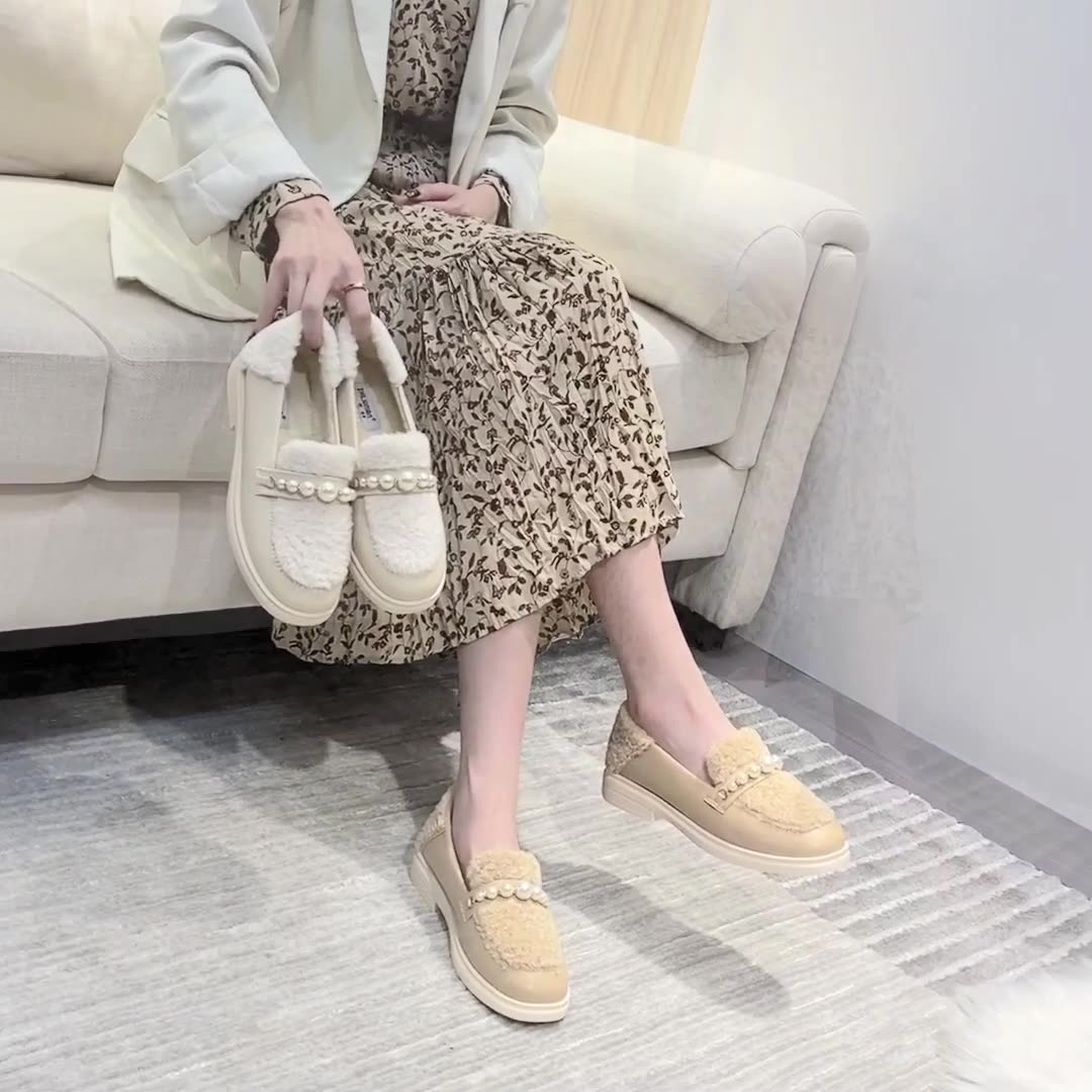 Lambs Wool Platform Pearl Loafers Shoes