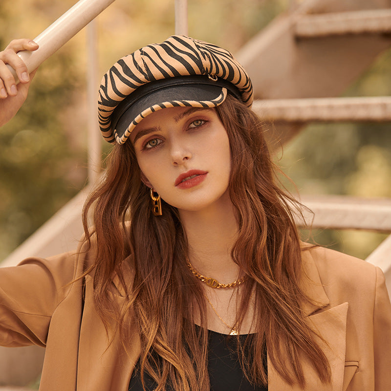 PU Breathable Hat Zebra Print Berets Cap