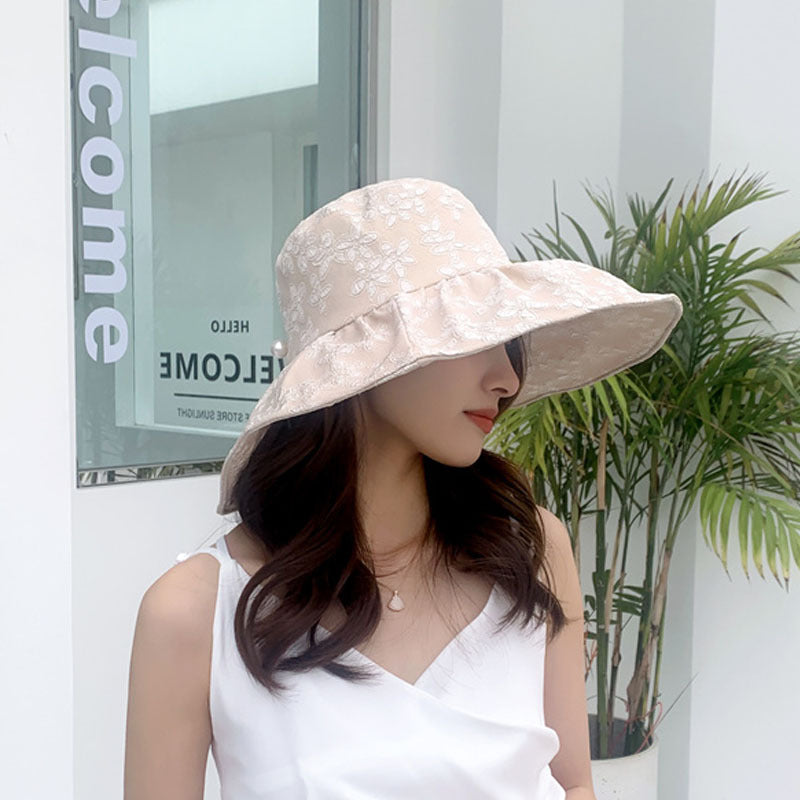 Summer Large Brim Pearl Sunscreen Bucket Hat