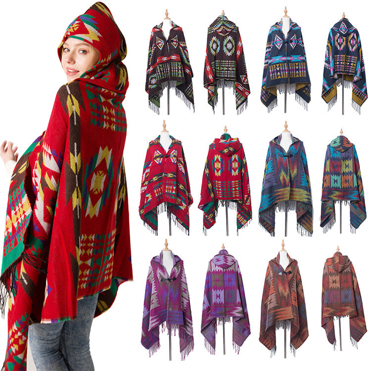 Plaid Horn Buckle Hooded Cloak Bohemian Shawl