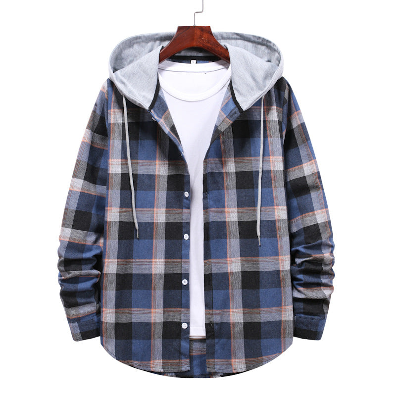 Spring Hooded Plaid Long Sleeve Shirt