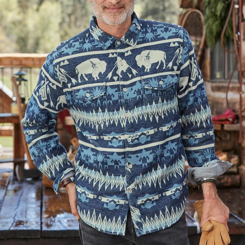 New Spring Printed Cotton Blend Lapel Collar Shirt