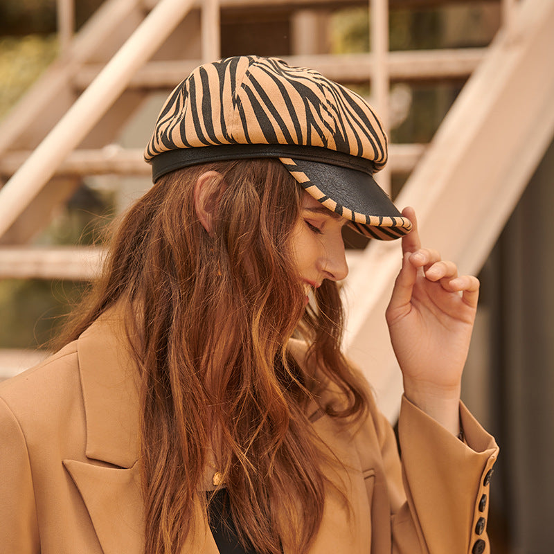 PU Breathable Hat Zebra Print Berets Cap