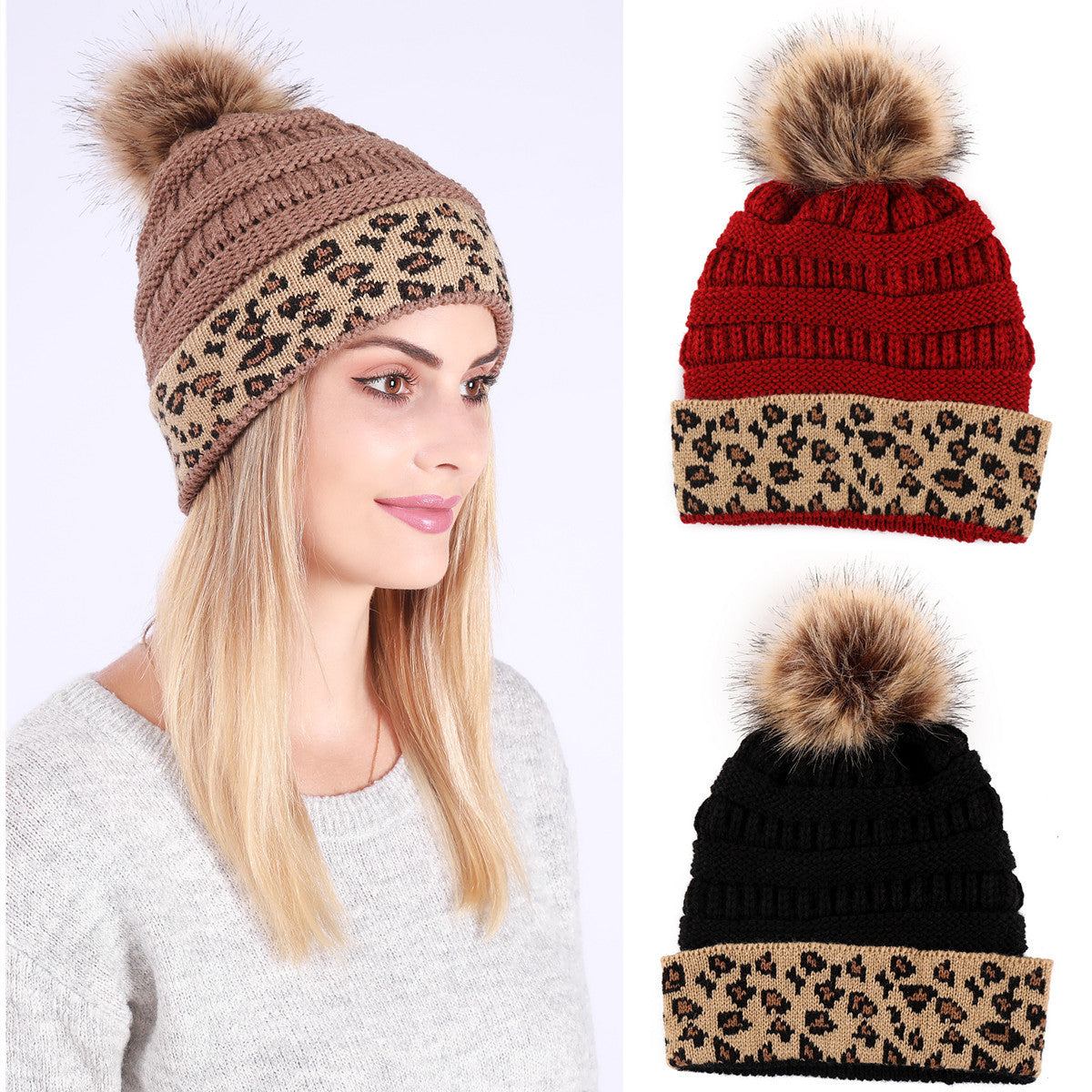Leopard-print Curled Knitted Pile Hat with Hairball