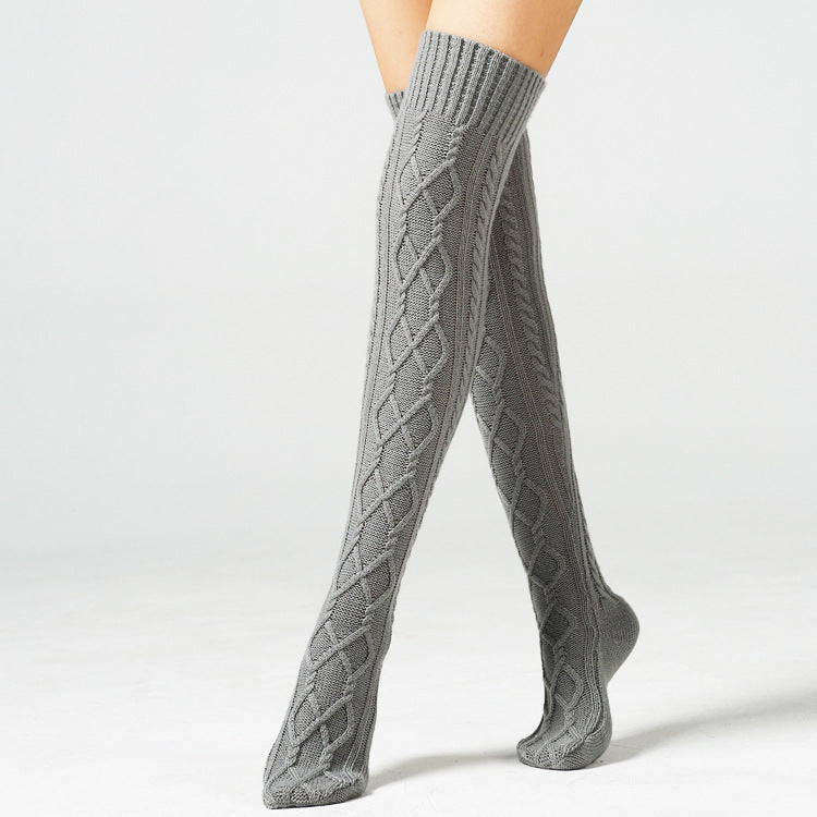 Rhombus Jacquard Warm Wool Knitted Over-The-Knee Socks