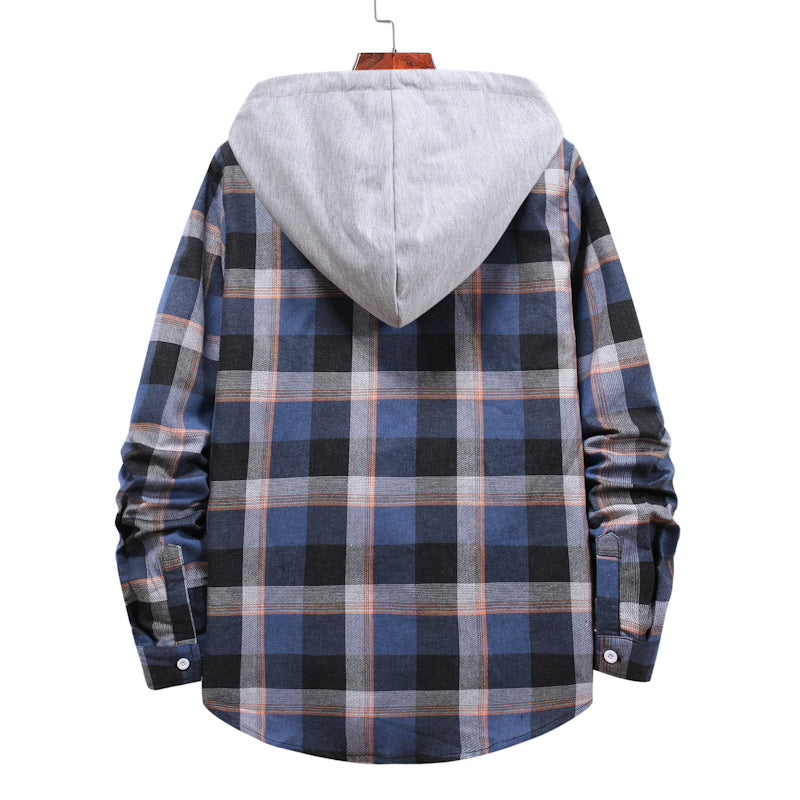 Spring Hooded Plaid Long Sleeve Shirt