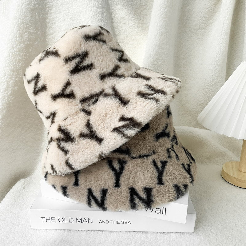 Fashion All-Match Warm Plush Printing Basin Hat Adjustable