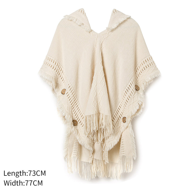 Hollow Tassel Knitted Hooded Cloak Shawl Sweater