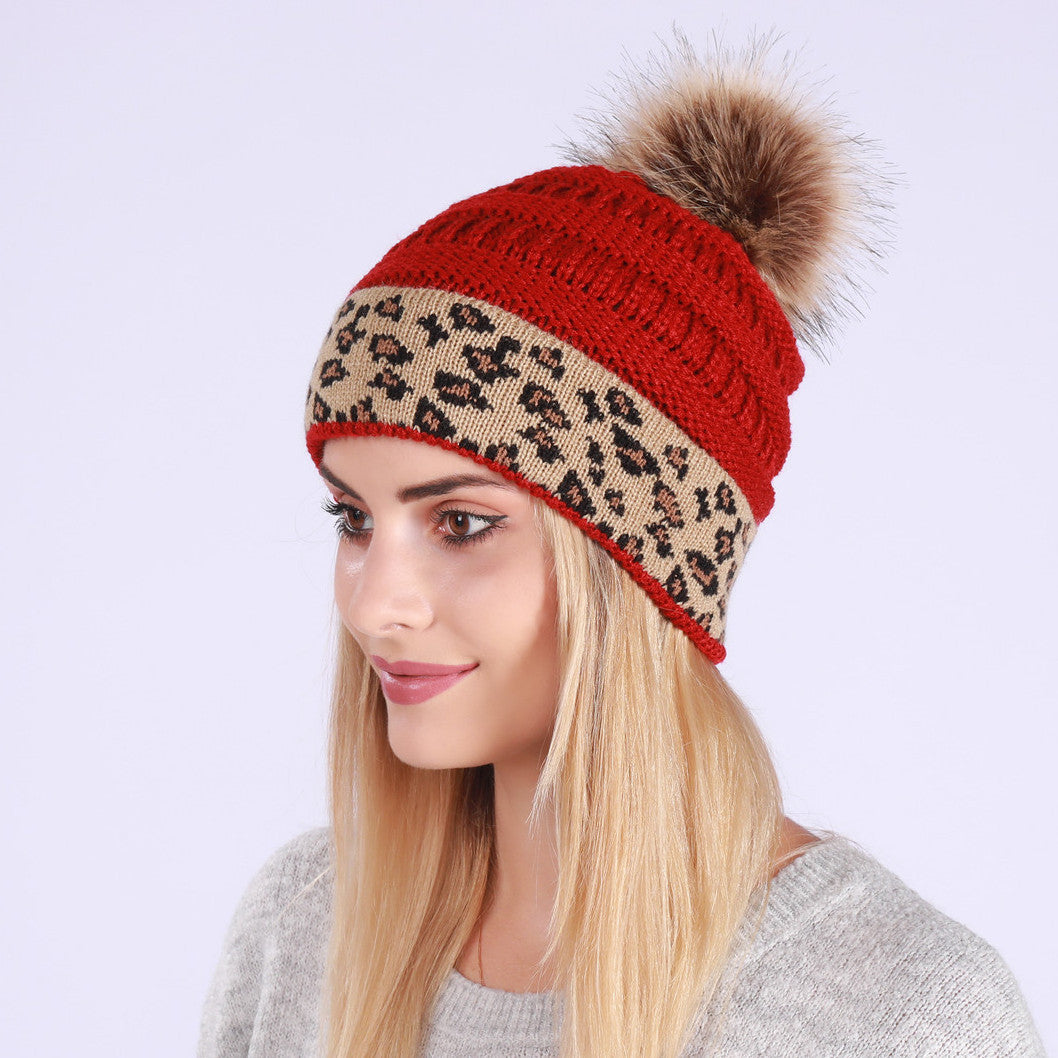 Leopard-print Curled Knitted Pile Hat with Hairball