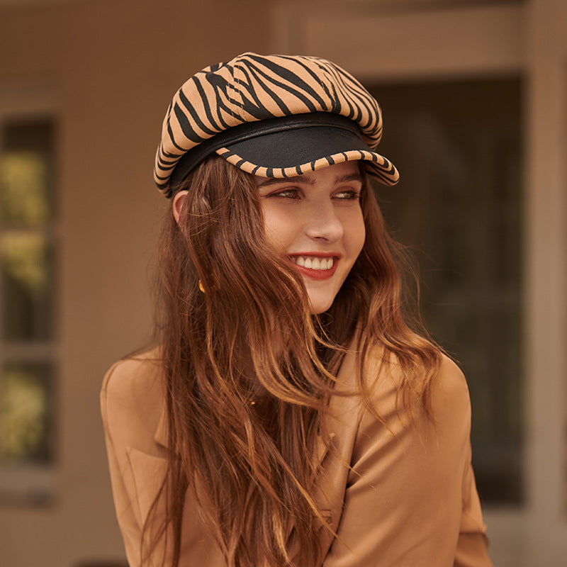 PU Breathable Hat Zebra Print Berets Cap