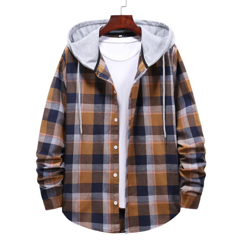 Spring Hooded Plaid Long Sleeve Shirt