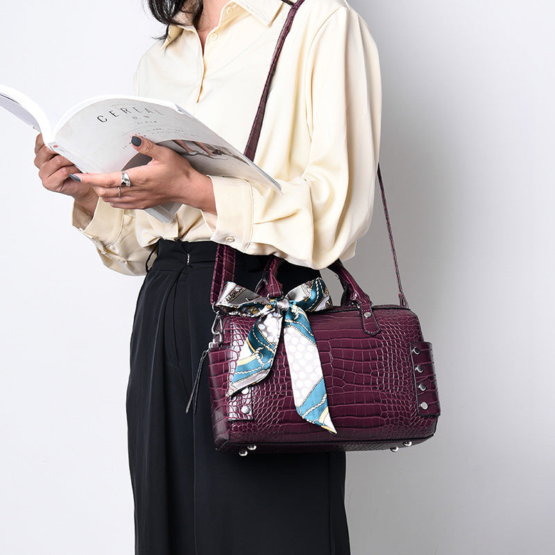 Elegant Crocodile Pattern Boston Bag Handbag With Silk Scarf For Party and Work