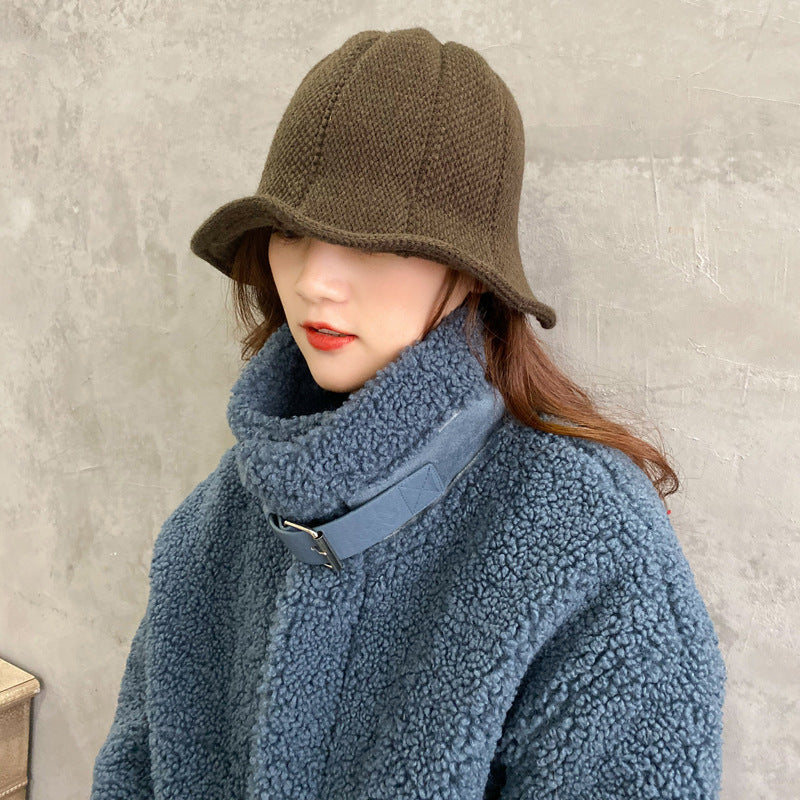 Fashionable Warm Knitted Basin Hat With Curled Edge