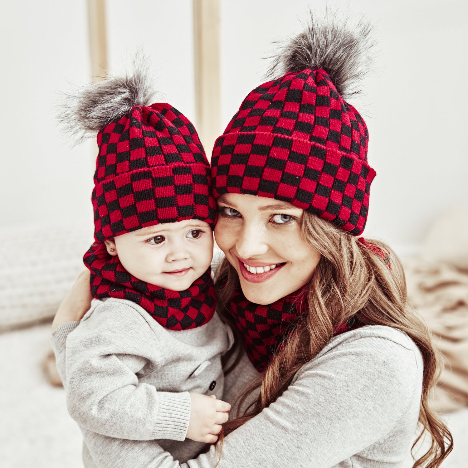 2PCS Parent-child Plaid Knitted Hat Scarf Set