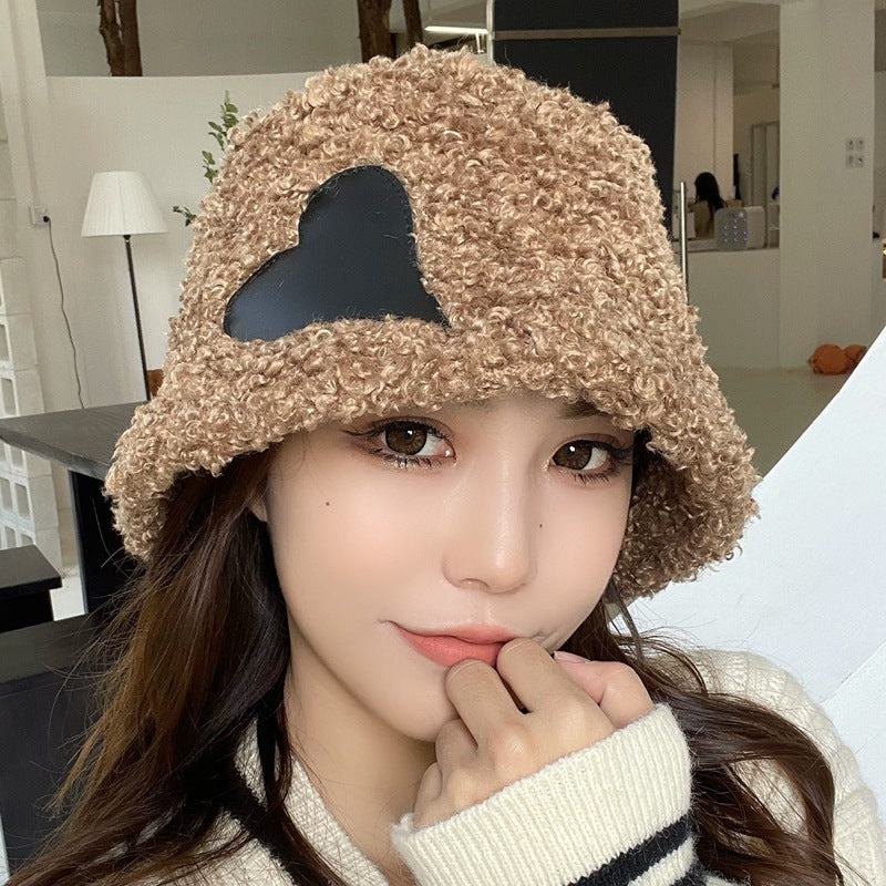 Heart Design Warm Lamb Hair Bucket Hat