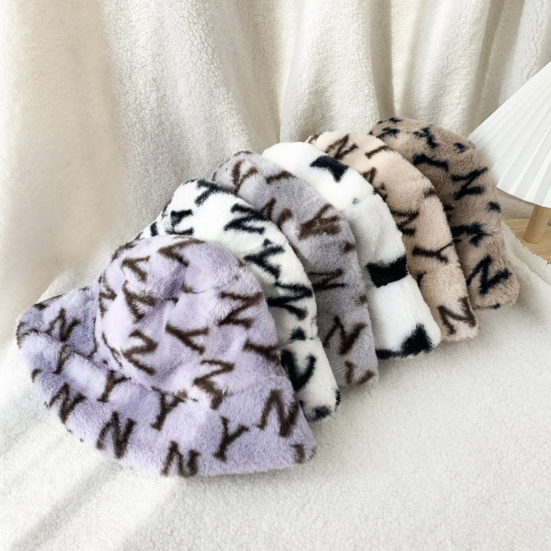 Fashion All-Match Warm Plush Printing Basin Hat Adjustable