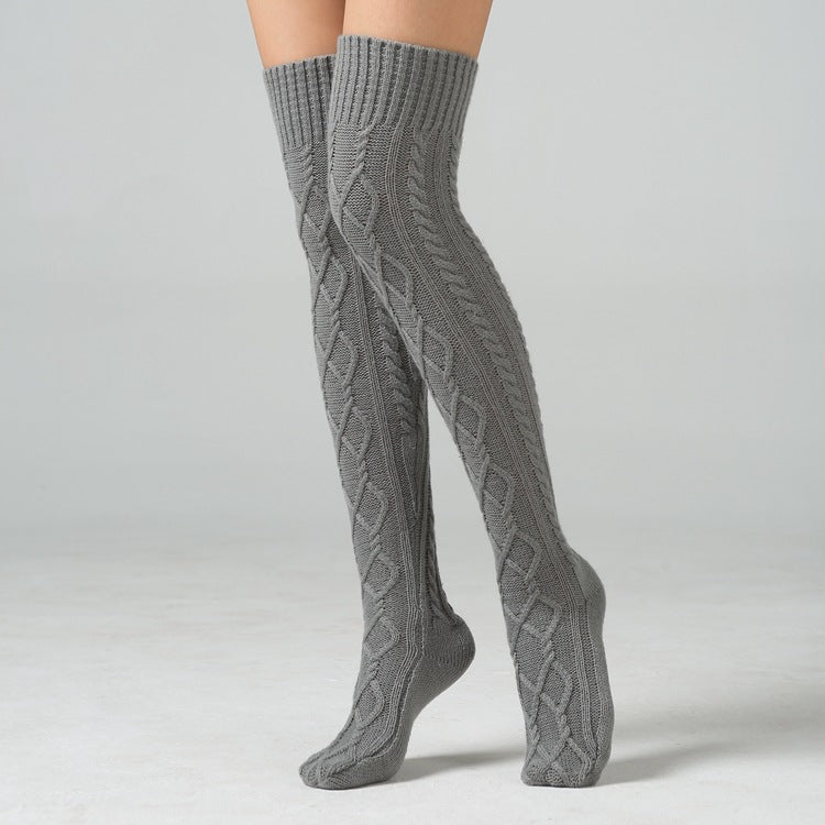 Rhombus Jacquard Warm Wool Knitted Over-The-Knee Socks