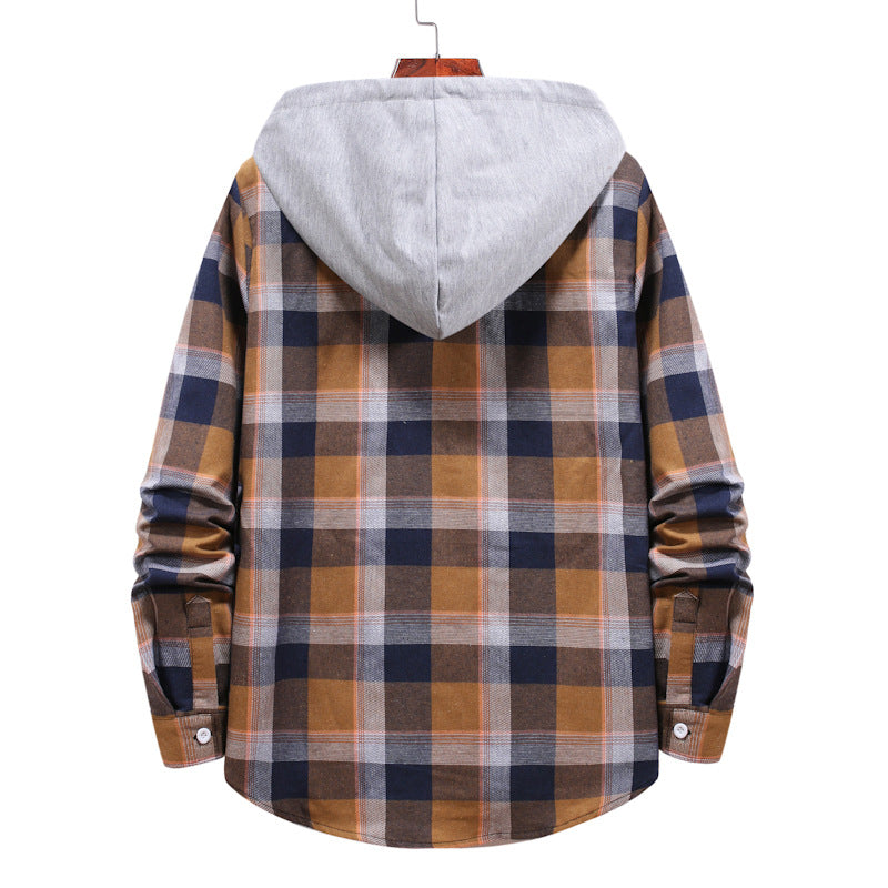 Spring Hooded Plaid Long Sleeve Shirt