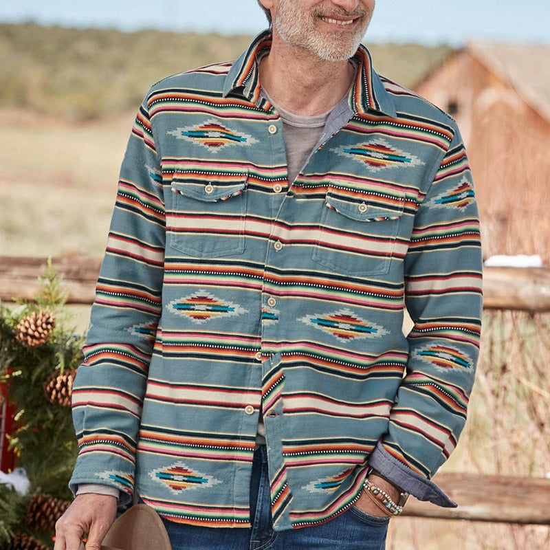 Men Spring Printed Cotton Blend Lapel Collar Shirt