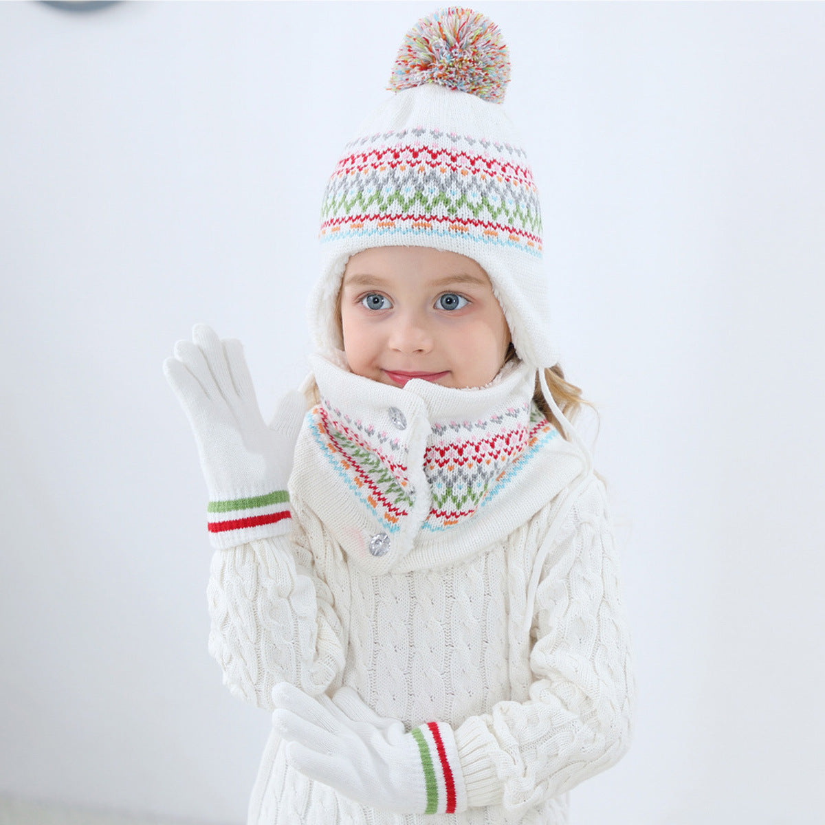 Jacquard Plus Velvet Warm Children's Hat+scarf+gloves 3PCS