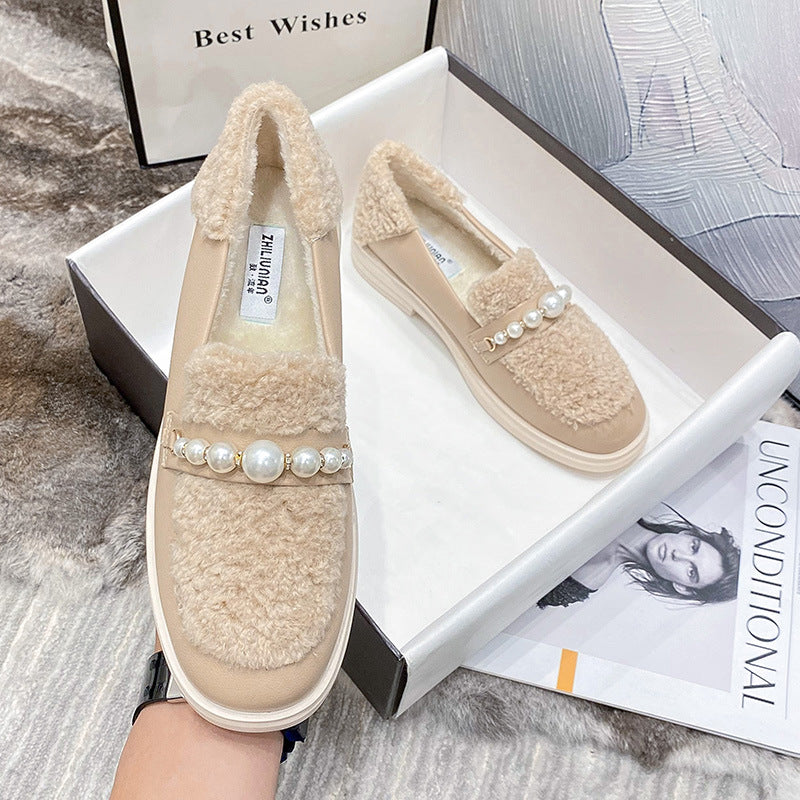 Lambs Wool Platform Pearl Loafers Shoes
