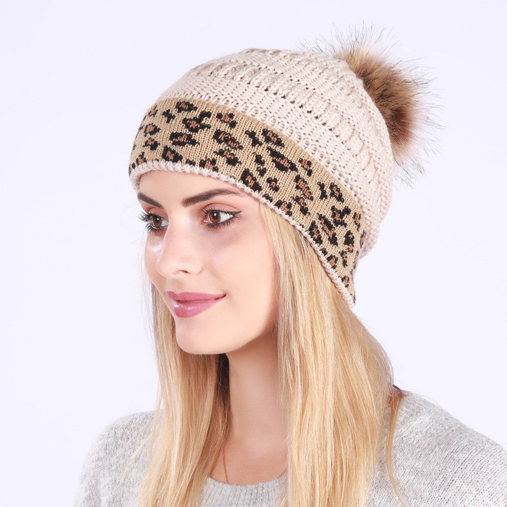 Leopard-print Curled Knitted Pile Hat with Hairball