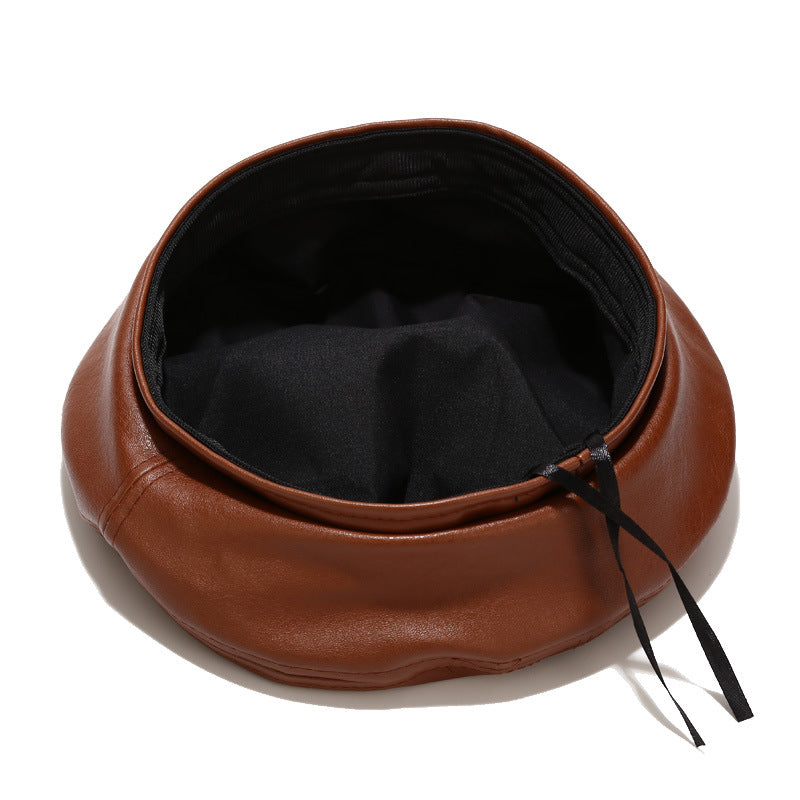 All-match Leather Beret In Solid Color