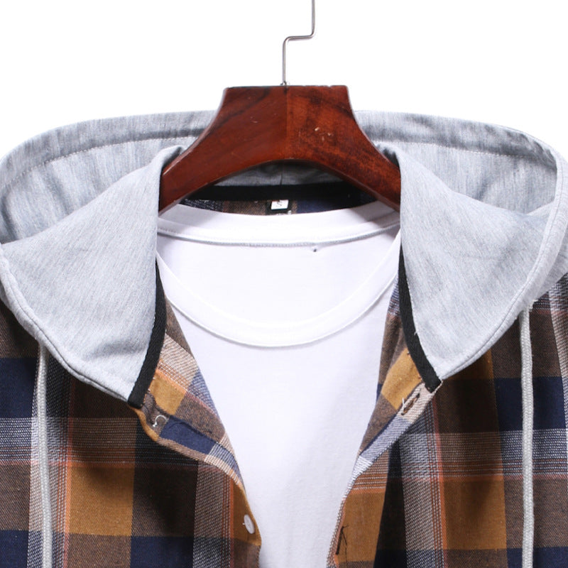 Spring Hooded Plaid Long Sleeve Shirt