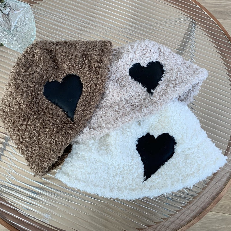 Heart Design Warm Lamb Hair Bucket Hat