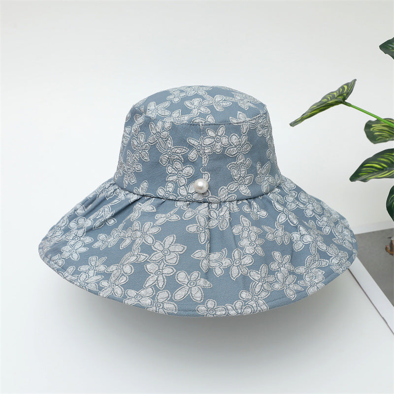 Summer Large Brim Pearl Sunscreen Bucket Hat