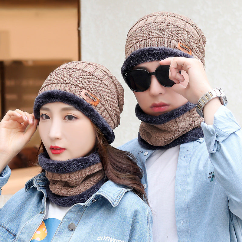 Casual Jacquard Plush Warm Knitted Hat Neck Sleeve Set