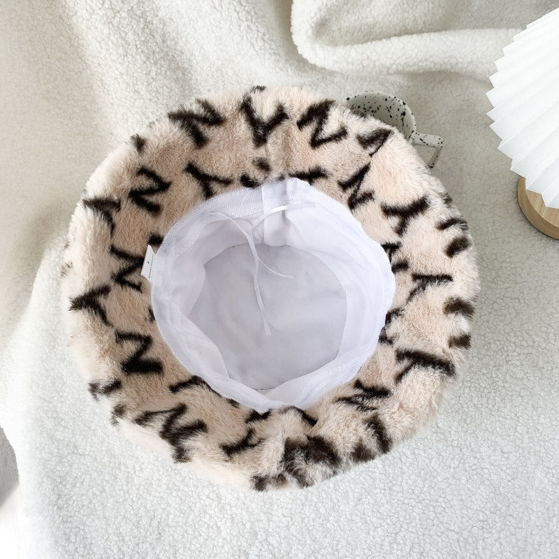 Fashion All-Match Warm Plush Printing Basin Hat Adjustable