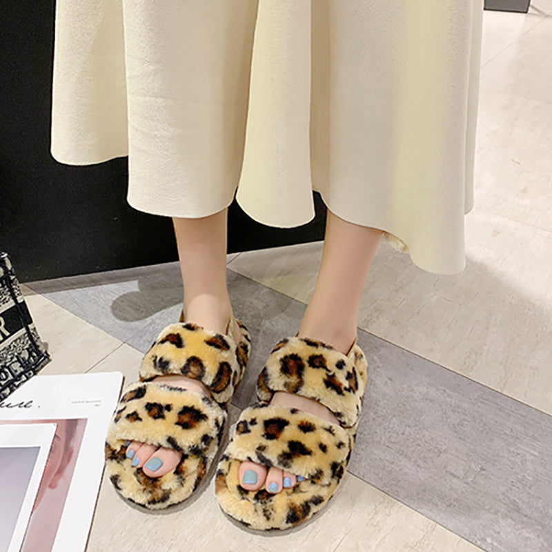 Fashion Leopard Print Warm Plush Sandals