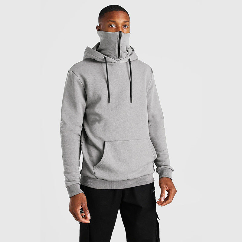 Spring Men's Warm Mask Zipper Solid Color Hoodie