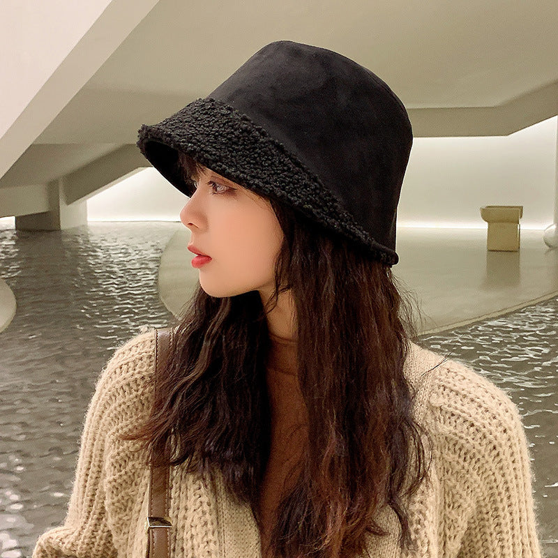 Lamb-spliced Suede Warm Basin Hat