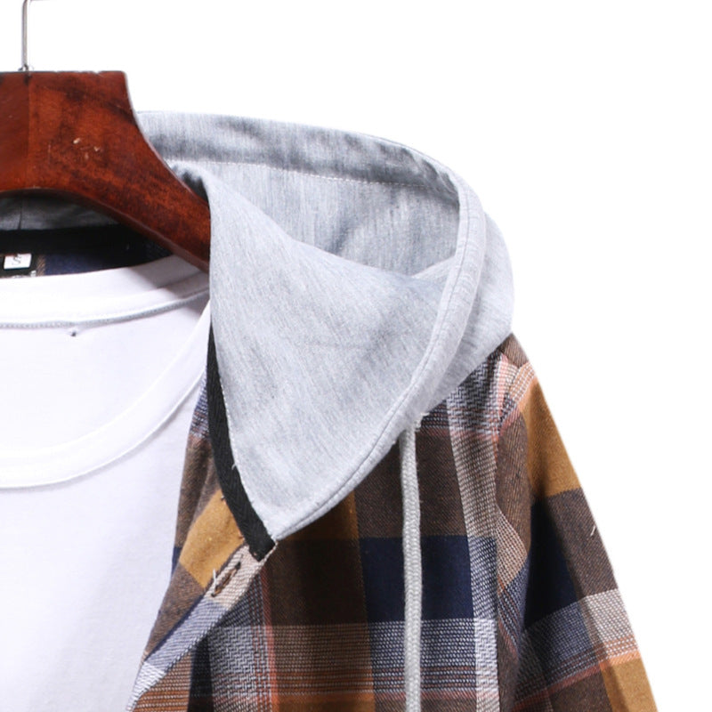Spring Hooded Plaid Long Sleeve Shirt