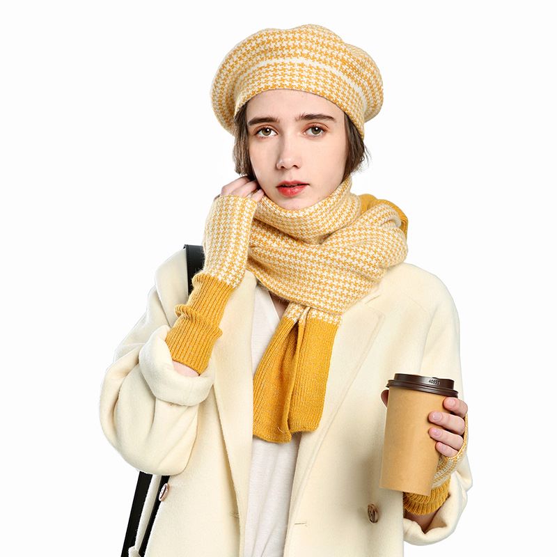 Three-piece Knitted Plaid Hat Gloves Scarf