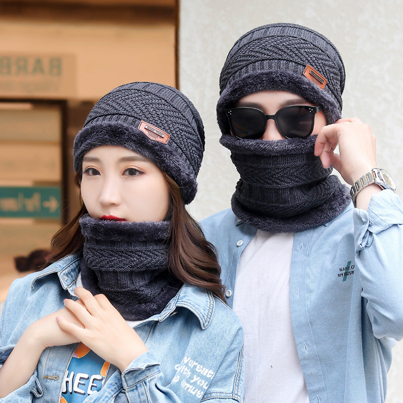 Casual Jacquard Plush Warm Knitted Hat Neck Sleeve Set