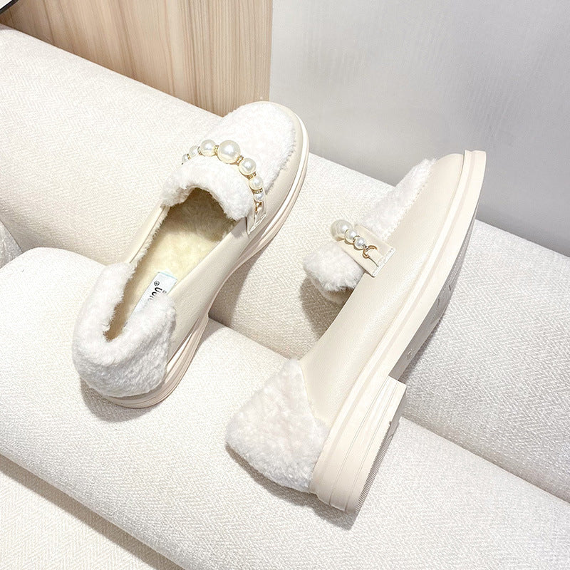 Lambs Wool Platform Pearl Loafers Shoes