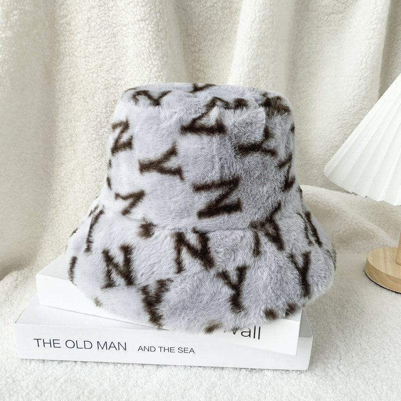 Fashion All-Match Warm Plush Printing Basin Hat Adjustable