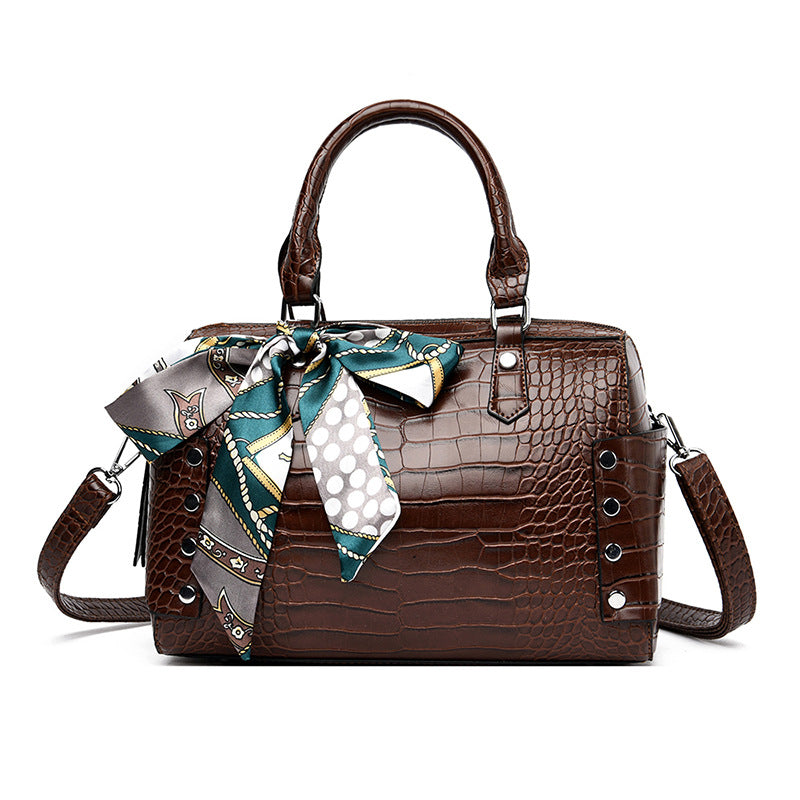 Elegant Crocodile Pattern Boston Bag Handbag With Silk Scarf For Party and Work