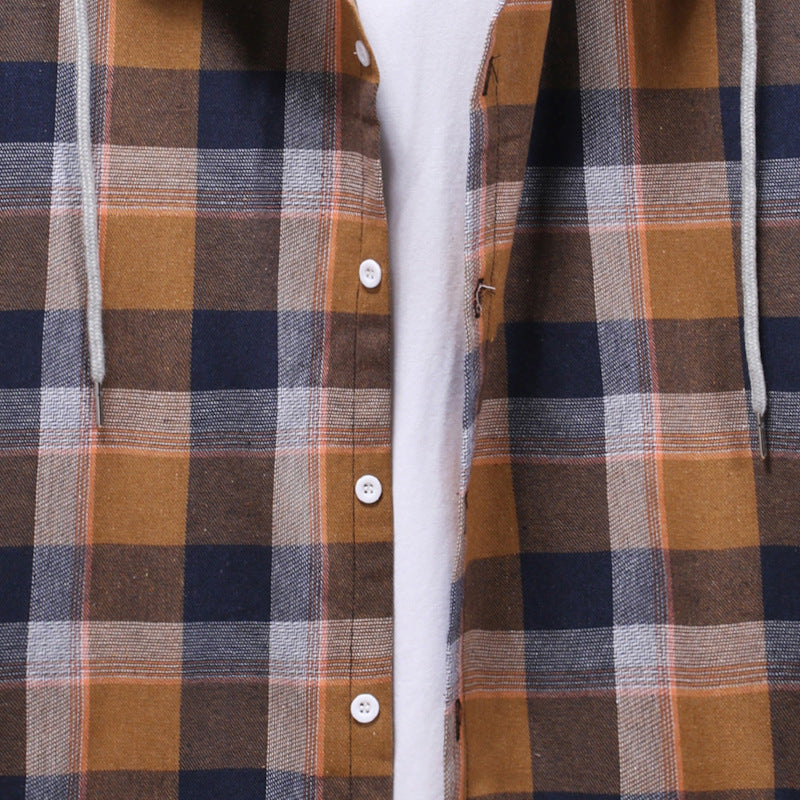 Spring Hooded Plaid Long Sleeve Shirt