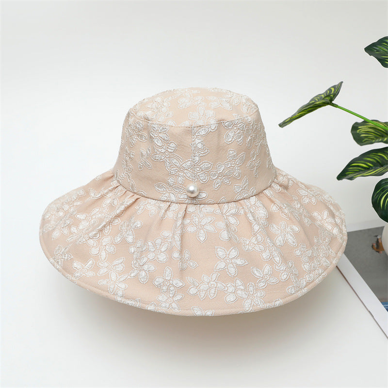 Summer Large Brim Pearl Sunscreen Bucket Hat